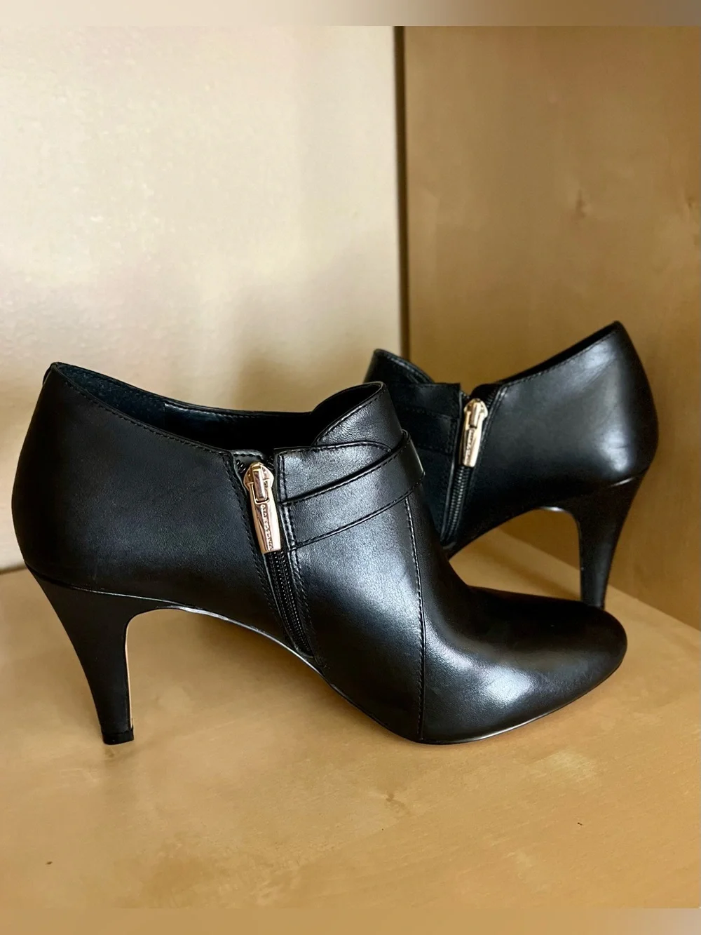 Vince Camuto Vonilesa Black Leather Ankle Stiletto Booties with Gold Buckle